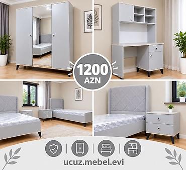 Uşaq/yeniyetmə otağı üçün tam mebel dəsti – açıq boz rəngdə, modern