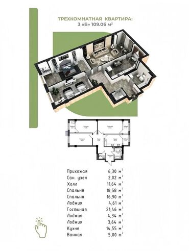 Продажа квартир: 3 комнаты, 109 м², Элитка, 6 этаж, ПСО (под самоотделку)