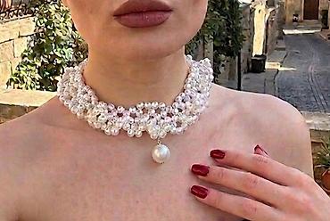 İnci boyunbağı – zərif çoker dizayn - Material: ağ inci görünüşlü