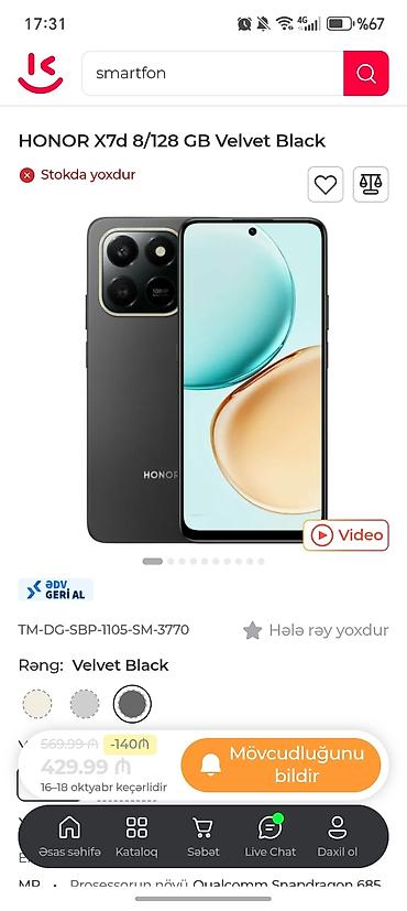 iphone 16 pro max ikinci el: Honor X7d, 128 GB, rəng - Qara — 6