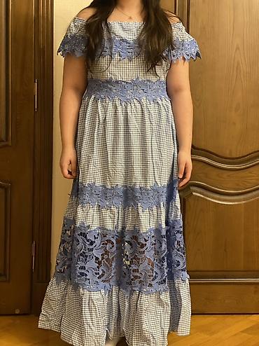 c99 plus: Material: 100% pambiq. Mavi-ağ xallı (gingham) parçadan maxi — 2