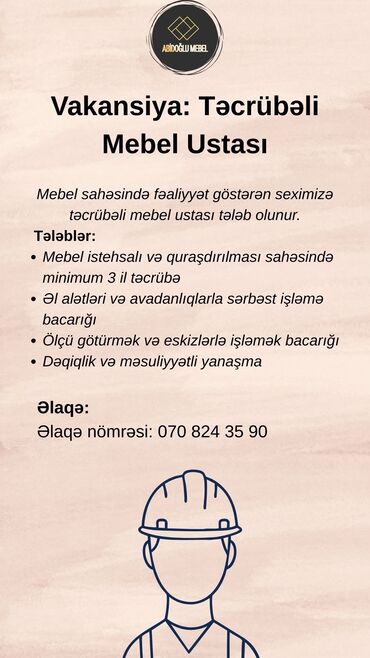 iş elanları vakansiya: Mebel ustası tələb olunur, 3-5 illik təcrübə, 6/1, Aylıq ödəniş