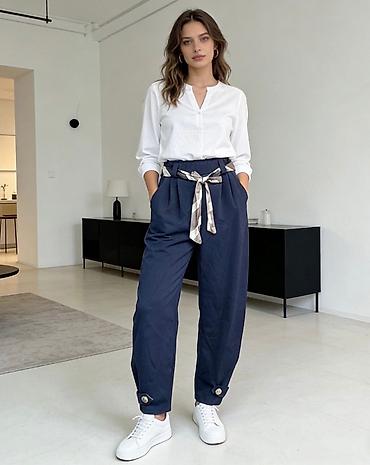 Pantalone: Ženske pantalone sa visokim strukom i kaišem-šalom - Kroj: visok — 1