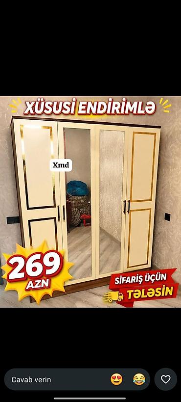 islenmis seyf qapi: Yeni, 3 qapılı, Güzgülü, Bej, Taxta, Açılan, Düz dolab — 1