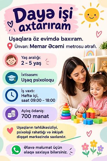 birge ve saglam: Xidmət: Daya (uşaq baxımı) Məkan: Memar Əcəmi metrosu ətrafı, öz — 1