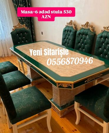 Masa və oturacaq dəstləri: Qonaq otağı üçün, Yeni, Açılmayan, Dördbucaq masa, 6 stul — 12