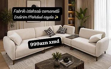 Müasir dizaynlı L formalı yumşaq künc divan dəsti. Krem rəngli