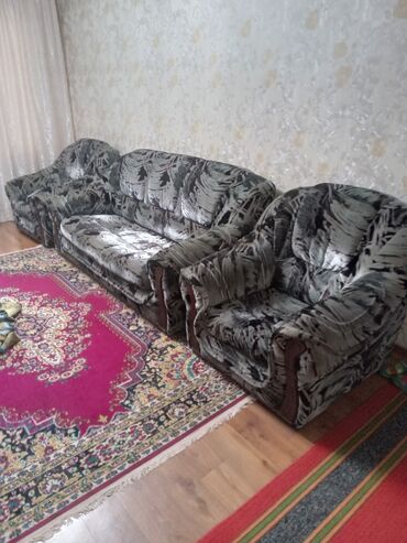 диван кровать с креслом: Гарнитур для зала, Кресло, Диван, цвет - Серый, Б/у
