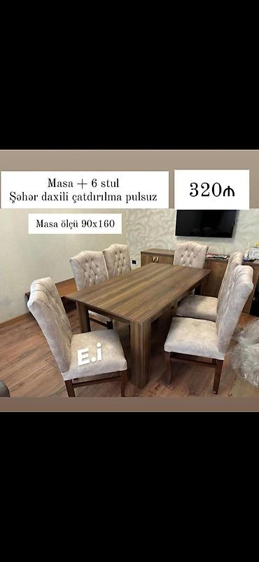 Mebel dəsti: Masa + 6 stul - Masa ölçüsü: 90x160 sm - Masa: ağac