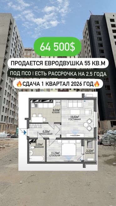 купить квартиру в строящемся доме в бишкеке: Элитка, 1 комната, 55 м²