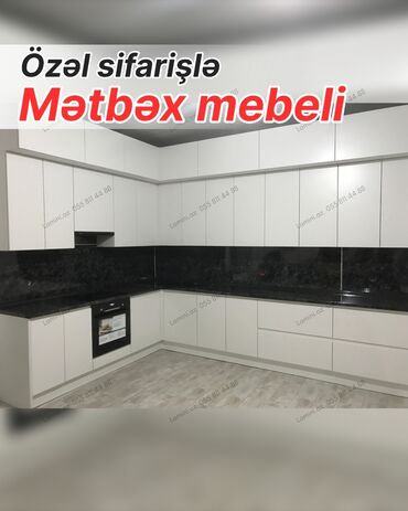 metbex ucun uqlavoy divanlar: Özəl sifarişlə mətbəx mebeli - L formalı, müasir minimal dizayn - Ağ
