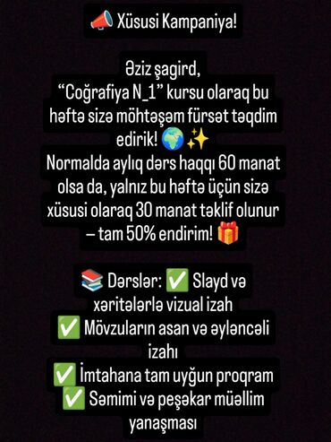 Digər kurslar: Repetitor, Coğrafiya, Azərbaycan dili, Abituriyent hazırlığı