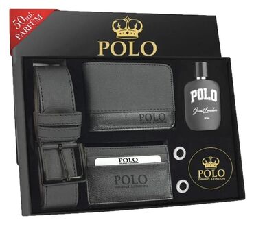 ad gunu ucun evin bezedilmesi: Polo Grand London dəsti: 50 ml ətir, kəmər, pul kisəsi, kart qabı və