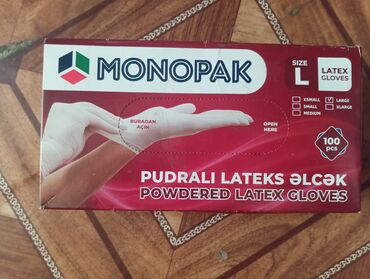 Перчатки хозяйственные: Monopak markalı, L ölçülü pudralı lateks əlcəklər. Hər qutuda 100 ədəd