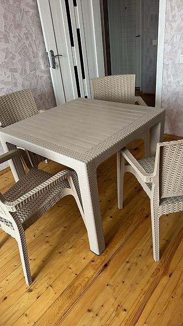 ucuz mebeler: Məhsul: 4 nəfərlik masa–stul dəsti Təsvir: - Rattan fakturalı, bej — 1