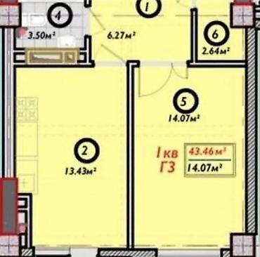 2022: 1 комната, 43 м², Асанбай мкр Элитка, 2 этаж, ПСО (под самоотделку) — 1