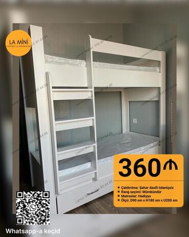 taxt 2neferlik: Oğlan və qız üçün, Yeni, Çarpayı, Matras ilə, Siyirməli, Laminat