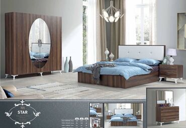 деревянная мебель для спальни: Двуспальная кровать, Шкаф, Трюмо, 2 тумбы, Новый
