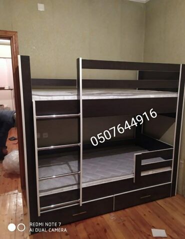 İkimərtəbəli uşaq çarpayıları: Oğlan və qız üçün, Yeni, Çarpayı, Matras ilə, Siyirməli, Laminat — 2