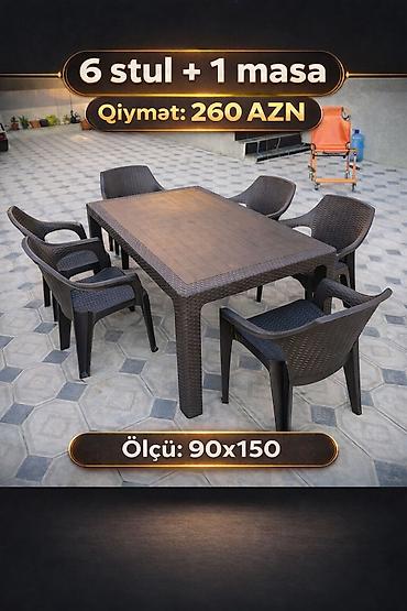 kreditle stol stul: Plastik bağ-teras dəsti – 6 stul + 1 masa - Masa ölçüsü: 90×150 sm - — 1
