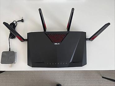 dell notbuk: ASUS dual-band Wi‑Fi router (qara/qırmızı dizayn, 4 xarici anten) — — 2