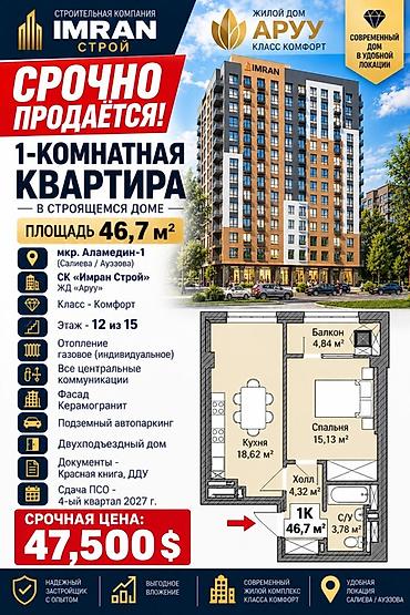 Строится, 1 комната, 46 м²