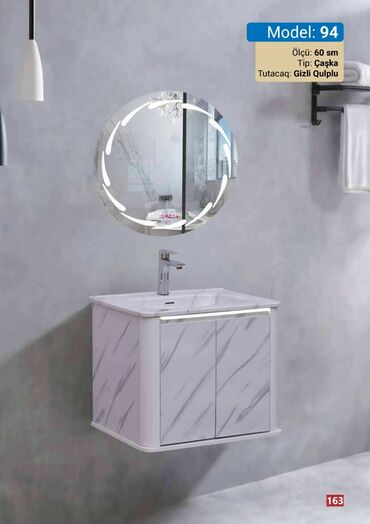 materiallar: 60 sm ölçülü, çaşka tipli lavabo dəsti, banyolar üçün nəzərdə