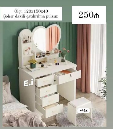 стеклянный стол на кухню купить: Ağ rəngdə funksional makiyaj masası dəsti. - Ölçü: 120×150×40 sm