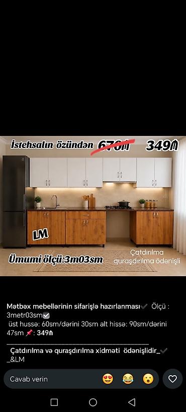 мойка со шкафом на кухню: Mətbəx mebeli – sifarişlə hazırlama - Ümumi ölçü: 3 metr 03 sm - Üst — 2