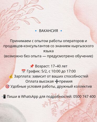 помощницы по дому: Принимаем на работу операторов и продавцов-консультантов со знанием