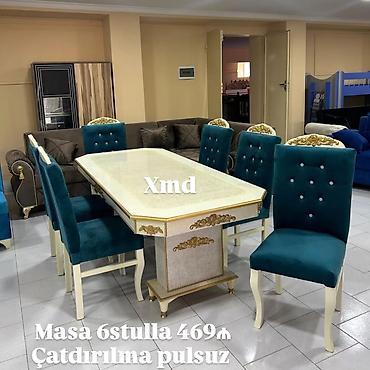 Masa və oturacaq dəstləri: Mebel dəsti – masa və 6 stul - Klassik üslubda, ağ-krem rəngli masa; — 6
