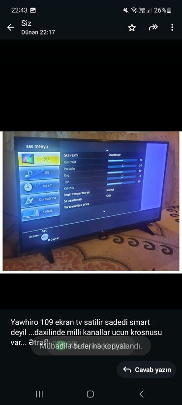 Televizorlar: Endirim olundu . *Yawhiro 109 ekran* tv satilir sadedi smart deyil