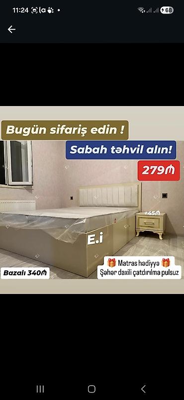 Ev üçün mebel: Mebel dəsti – bazalı çarpayı və tumba - Rəng: açıq bej/krem tonları - — 1