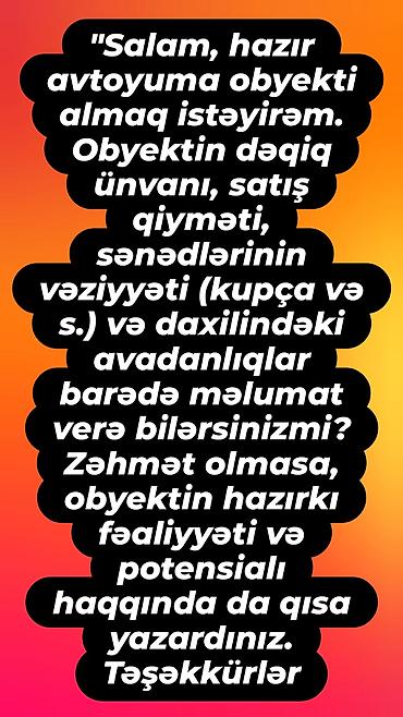 kompressor icaresi: Hazır avtoyuma obyekti axtarılır Tələb olunur: - Obyektin dəqiq — 1