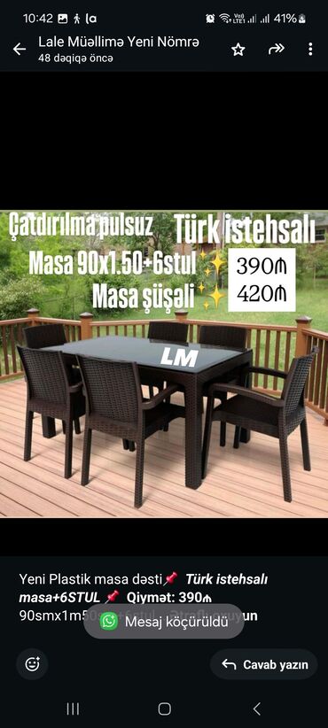 Qonaq otağı dəstləri: Yeni Plastik masa dəsti📌 _*Türk istehsalı masa+6STUL*_ 📌 *Qiymət
