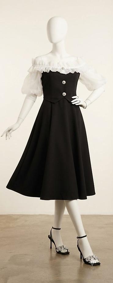 Qara-ağ zərif midi don (1defe geyinilib) - Dizayn: Off-shoulder (açıq