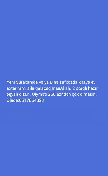 suraxanida kiraye evler 2023: Yeni Suraxanıda və ya Binə qəsəbəsində kirayə ev axtarıram. Ailə