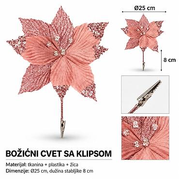KMT Božićni cvet sa štipaljkom, listovima i kuglicama, roze‑zlatni