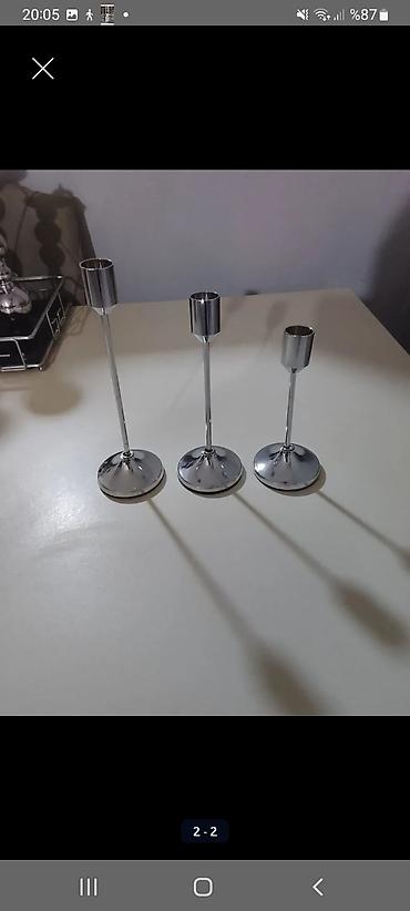 ev kaktusu: Məhsul: 3-lü metal şamdan dəsti - Material: parlaq xrom örtüklü metal — 1