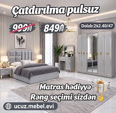 Yataq otağı dəsti – zərif qızılı detallar ilə boz rəngdə modern
