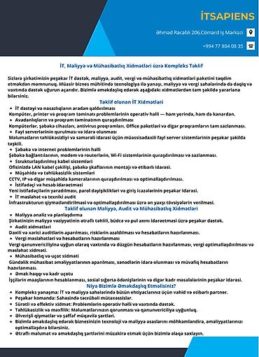 IT,Maliyyə,Audit və Mühasibatlıq xidmətləri üzrə kompleks təklif