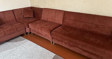 rahat mebel: Künc divan dəsti – tünd qırmızı/qəhvəyi tonlarda, yumşaq məxməri parça — 1