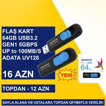 Klaviaturalar: Flash kart ADATA, 64 GB, USB 3.2, Yeni