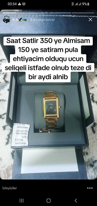 Aksesuarlar: Brend: Cartier (qutu və aksesuarlarla) Model: Düzbucaqlı kadranlı — 1