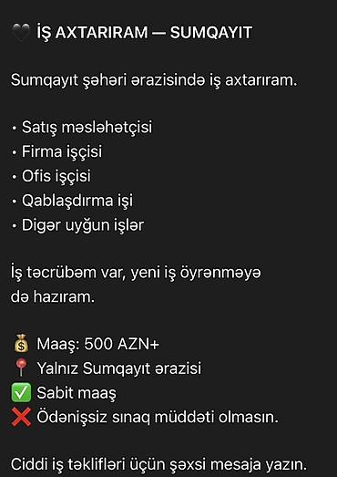 mingəcevir is elanlari 2024: İş axtarıram — Sumqayıt Sumqayıt şəhəri ərazisində aşağıdakı — 1