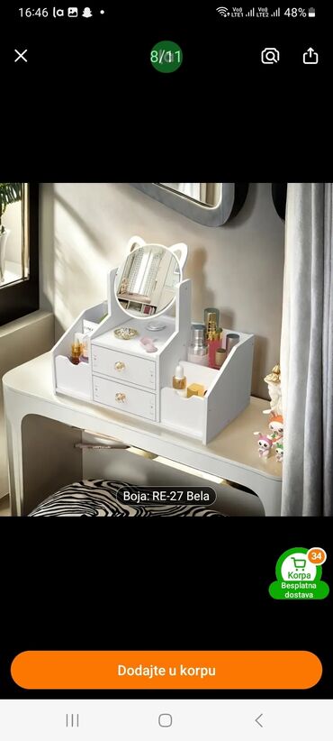 Neseseri: Organizator za kozmetiku u beloj boji sa ogledalom. Poseduje dve fioke — 4