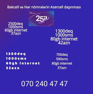 internet nömrələri: Ayliq 60gb internet + danisiq + sms cemi 27 azn. Yeni nomre almaqa