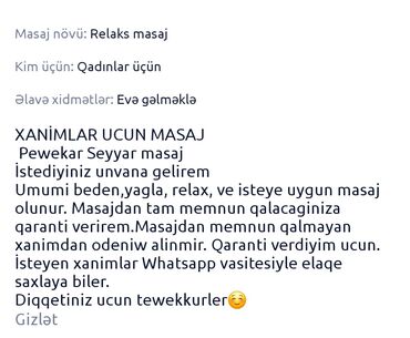 Tədbirlərin təşkili: Relaks masaj, Qadınlar üçün, Evə gəlməklə