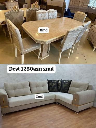 Divan və masa dəstləri: Dest mebel dəsti Tərkib: - Künc divan: parça üzlü, bej rəng, üç qara — 1