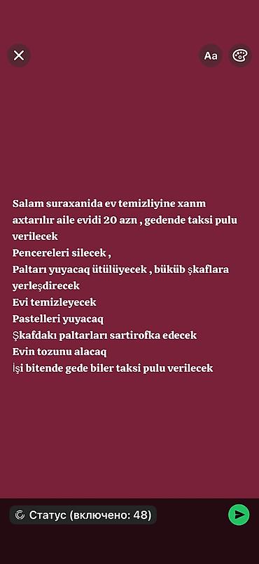 daye teleb olnur: Suraxanida evde iwleyen xanim 
070 315 05 86 wp yazin — 1